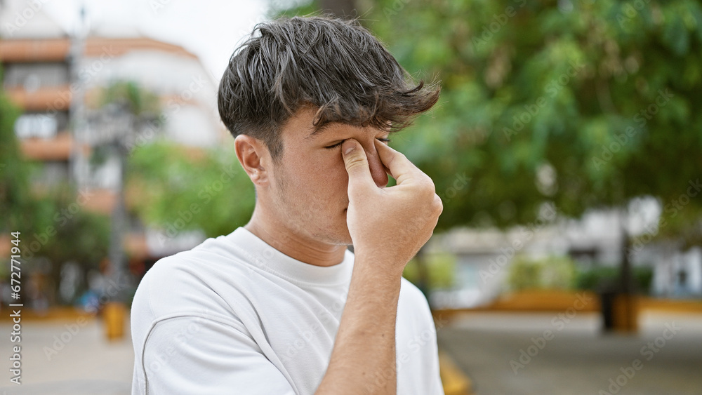 Exhausted young hispanic teenager rubbing itchy eyes amidst cool city park's green nature, a picture of stress in casual fashion - obrazy, fototapety, plakaty 