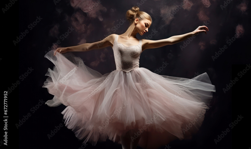 Fototapeta premium A graceful young ballerina performs a dance in a flowing tulle tutu skirt on a dark backdrop