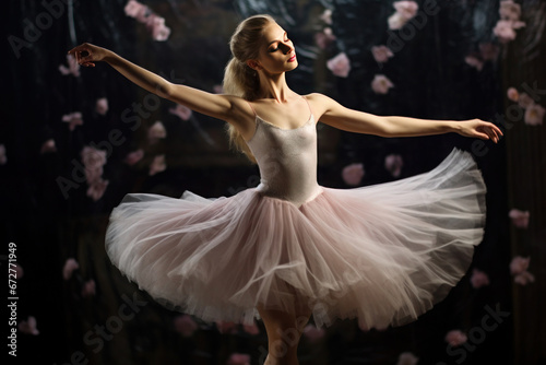  young, slender ballerina in a flowing tutu skirt dances in a dark background
