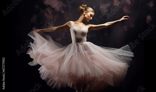 A graceful young ballerina performs a dance in a flowing tulle tutu skirt on a dark backdrop