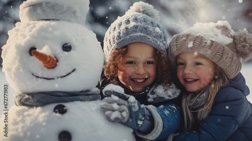 Children build snowman, Kids building snow man playing outdoors on snowy winter day, Outdoor family fun on Christmas vacation, Boy and girl play snow balls, generative ai