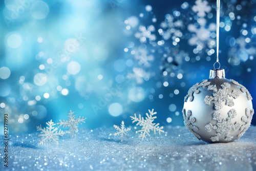 Festive white and blue New Year background with snowflakes and Christmas tree ball with space for text