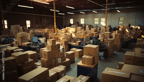 Efficient conveyor belt transporting cardboard boxes in a bustling warehouse fulfillment center