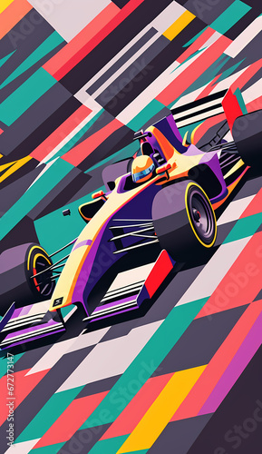 Formula 1 racing car in a colorful geometric shapes
