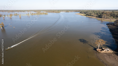 Atchafalaya Basin aerial view at golden hour boat traffic