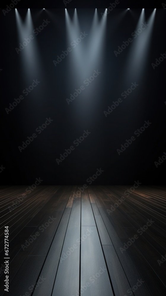 Empty dark stage illuminated with spotlight focus on the floor. Suitable for product showcase and presentation