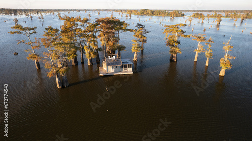 Atchafalaya Basin houseboat at golden hour