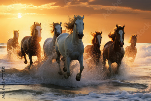 Horses galloping on the beach © Kien