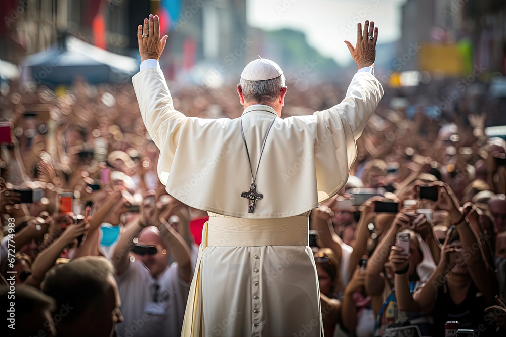 pope with his back turned to the camera greeting people - obrazy, fototapety, plakaty 