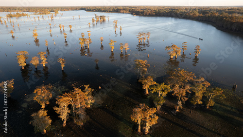 Atchafalaya Basin sunset aerial view