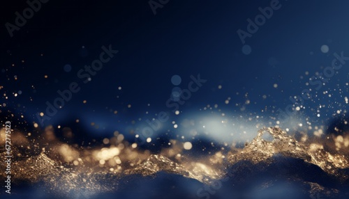 Christmas golden light shine particles bokeh on dark blue and gold particle background.