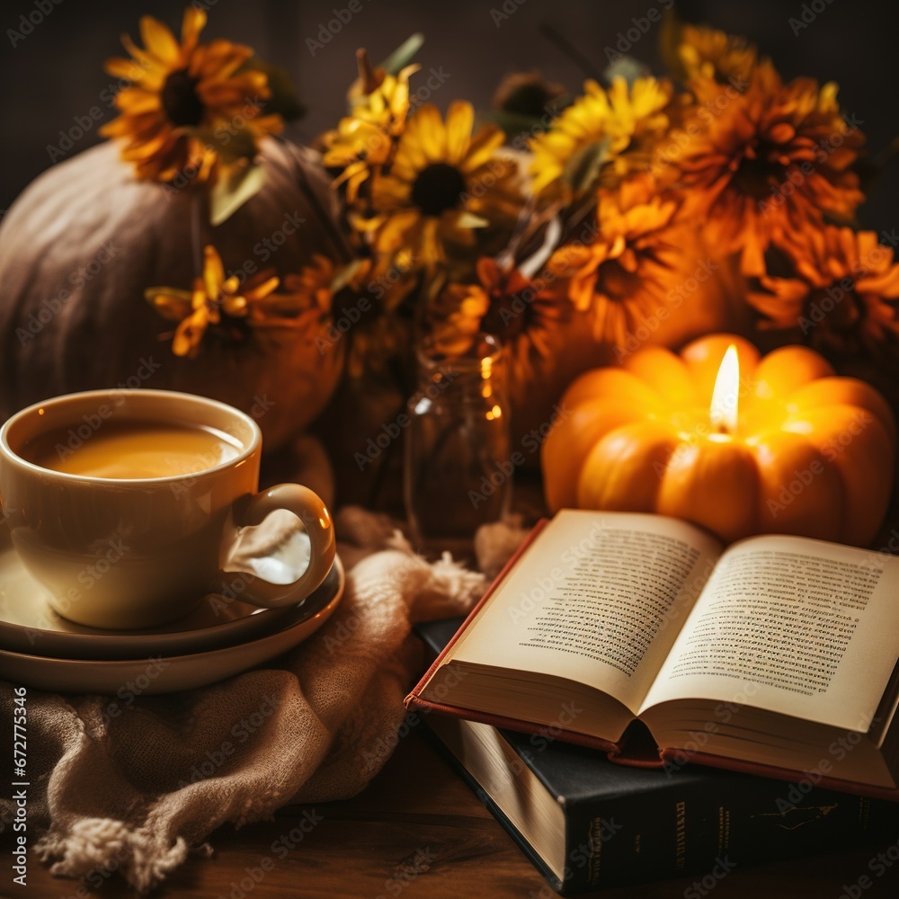 Cozy warm autumn composition with cup of hot tea, burning candle, open book and pumpkins on wooden background. Autumn home decor