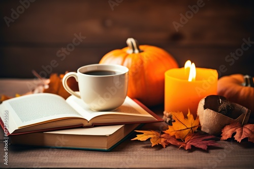 Cozy warm autumn composition with cup of hot tea  burning candle  open book and pumpkins on wooden background. Autumn home decor