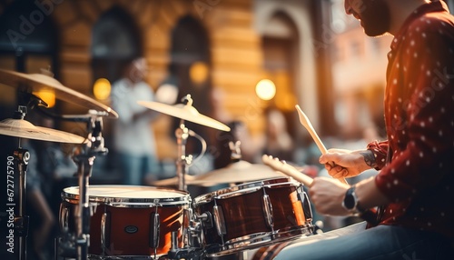 Musical group performing on concert stage with drummer soft focus background concept