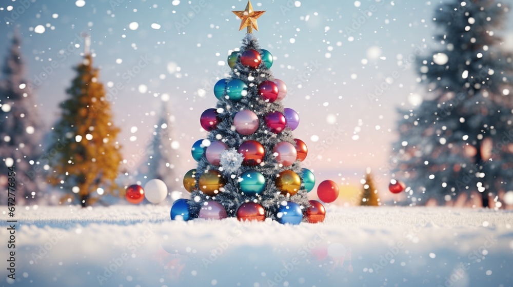 Christmas tree covered with snow and decorated with colorful balls reflecting fir tree.