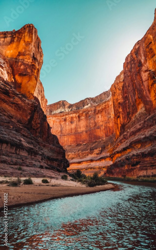 a serene canyon with towering, multicolored sandstone cliffs under a clear sky.
