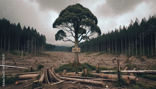 Sole tree in a cleared forest holding a, HELP, sign, a stark environmental plea