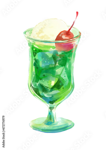 爽やかで美味しそうなクリームソーダのリアルな水彩イラスト(PNG)