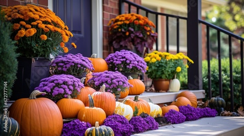Halloween pumpkins and flowers on front porch, exterior home decor, seasonal decorations, orange and purple
