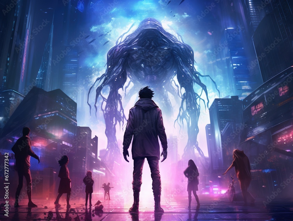 walking in the sci-fi city at night with colorful light walking in the sci-fi city at night with colorful light
