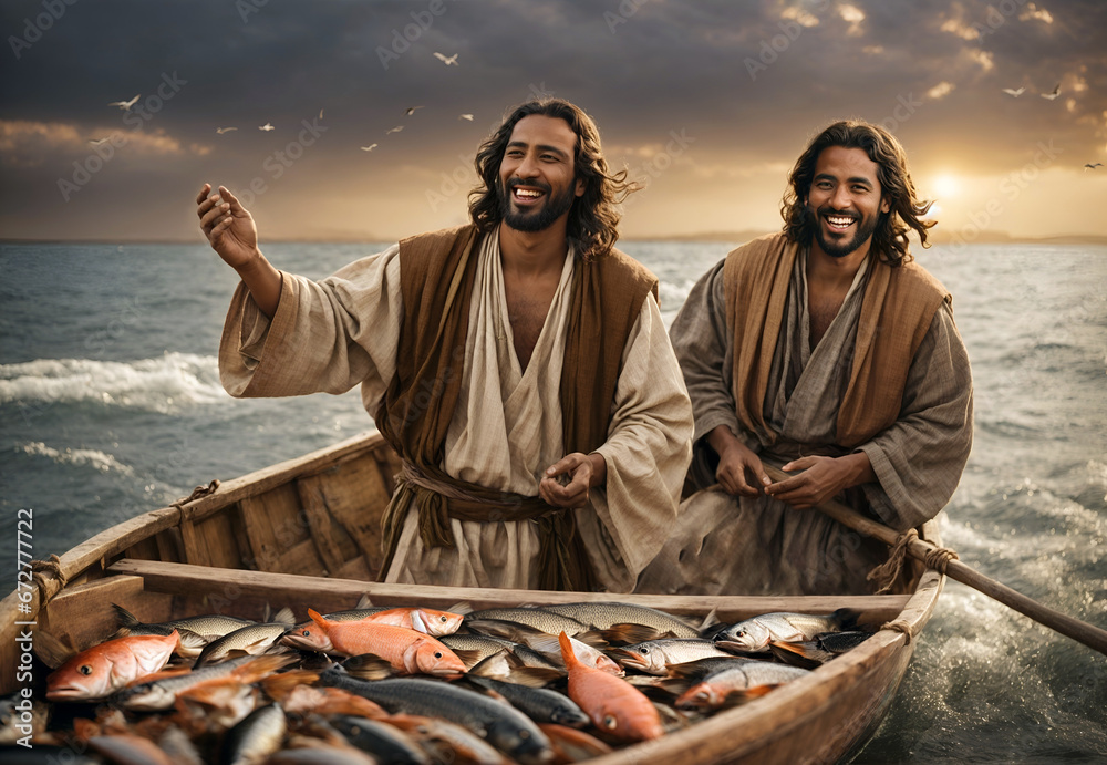 Biblical scene of Simon Peter and his brother Andrew catching a large number of fish after Jesus guided them. Religious conceptual theme. - obrazy, fototapety, plakaty 
