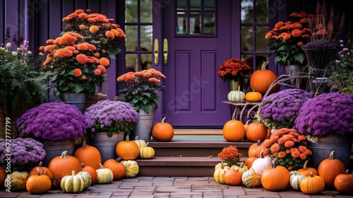 Halloween pumpkins and flowers on front porch  exterior home decor  seasonal decorations  orange and purple