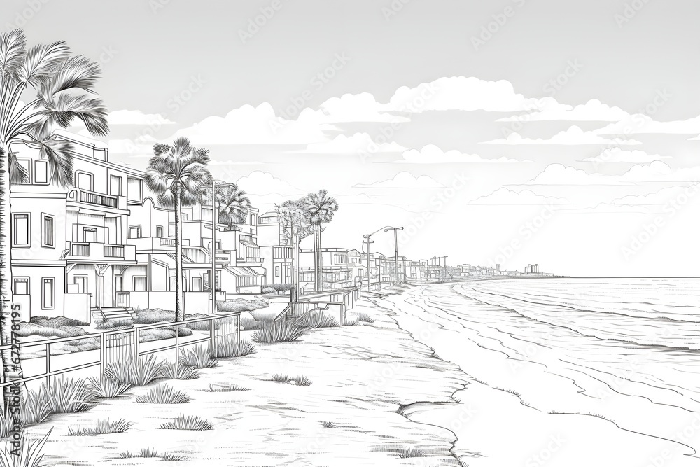 beach near the city black and white line art sketch illustration