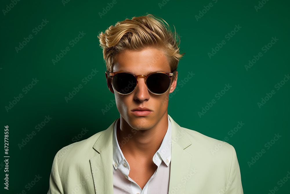 Studio portrait of handsome blonde man in sunglasses on different colours background Studio portrait of handsome blonde man in sunglasses on different colours background