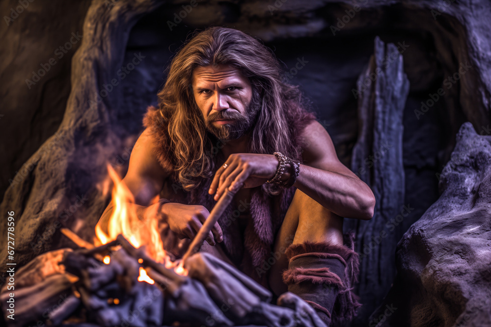 A neanderthal man / caveman warming himself in the glow of a fire