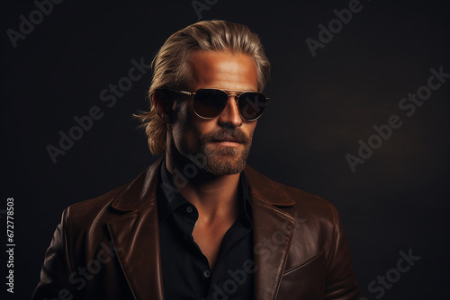 Studio portrait of handsome blonde man in sunglasses on different colours background