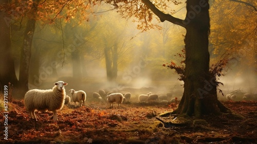 AI generated illustration of a flock of sheep grazing in a wooded landscape during the autumn season