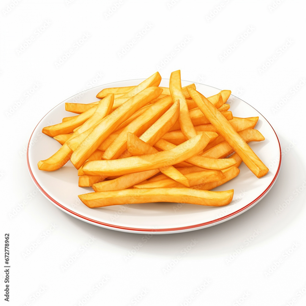French fries on plate on white isolated background - ai generative French fries on plate on white isolated background - ai generative