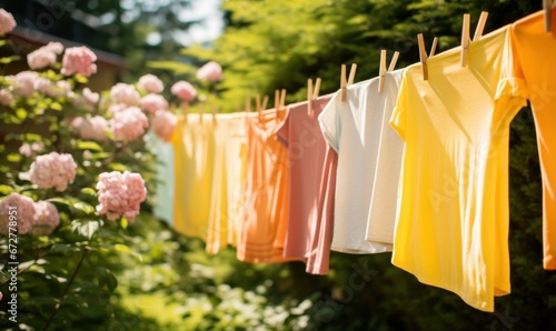 clothes laundry hanging on the cloth line in the garden