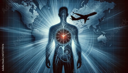 Abstract illustration of a human silhouette with an internal clock or symbolic representation of disrupted biological rhythm due to flying, showcasing the challenges of adapting to time changes photo