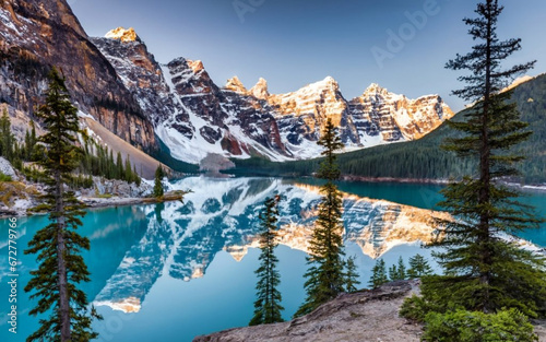 a tranquil glacial lake nestled in a deep valley with towering peaks on all sides.