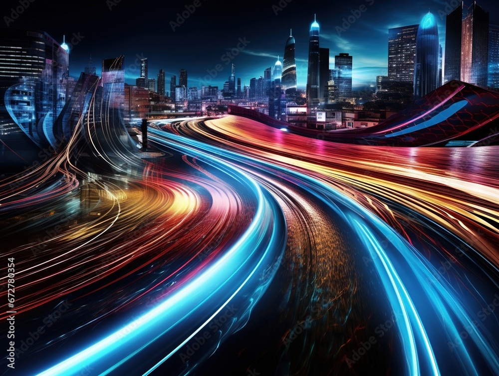 Fototapeta premium Abstract city lights and colored waves