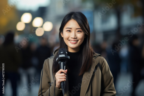 Beautiful young smiling asian beauty reporter with microphone in hand standing on city street looking straight at camera.generative ai
 photo