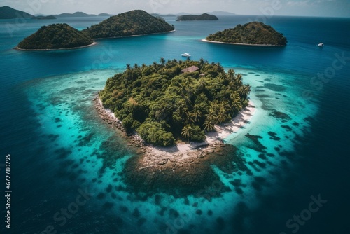 Bird's-eye view of a breathtaking island surrounded by turquoise waters and dotted with palm trees. Generative AI