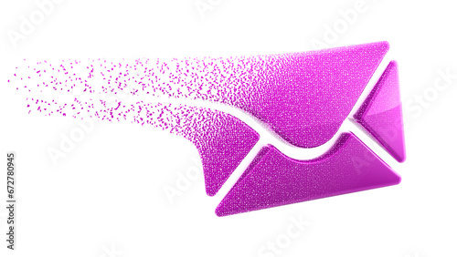 Crumbling red email icon isolated on white background. 3D illustration.