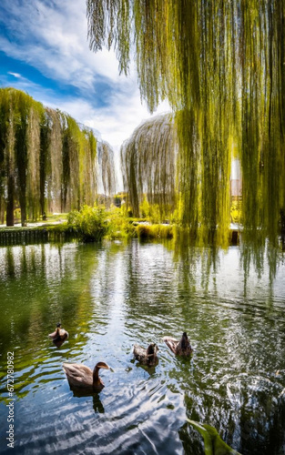 a tranquil pond surrounded by willow trees and inhabited by ducks