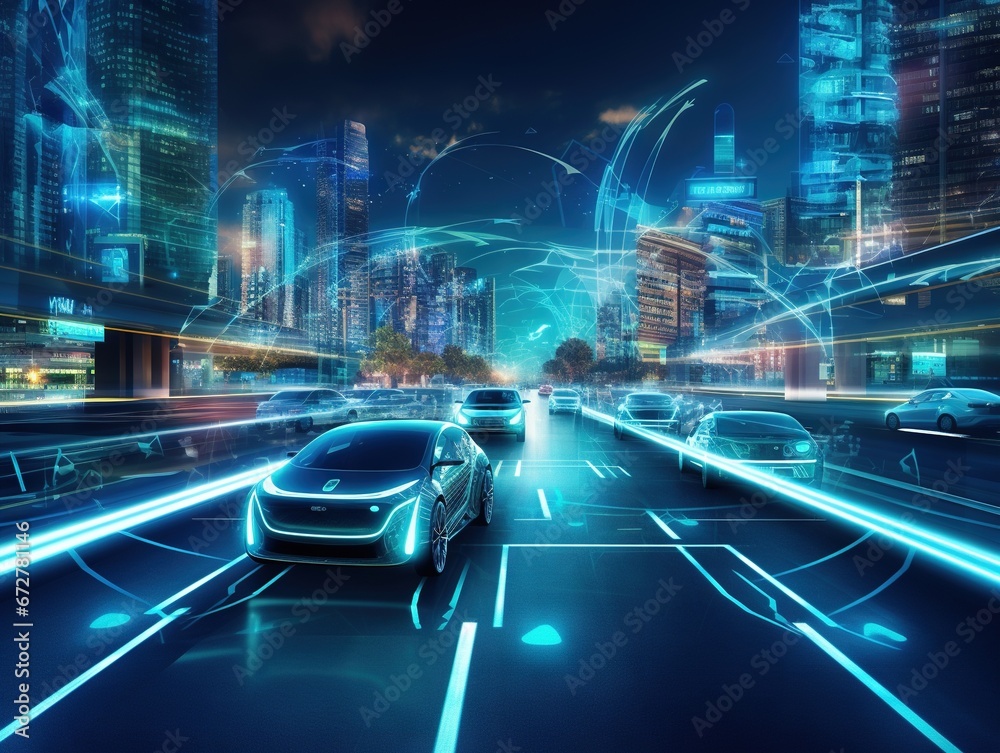 .Smart cars with automatic sensor driving on metropolis with wireless connection - obrazy, fototapety, plakaty 