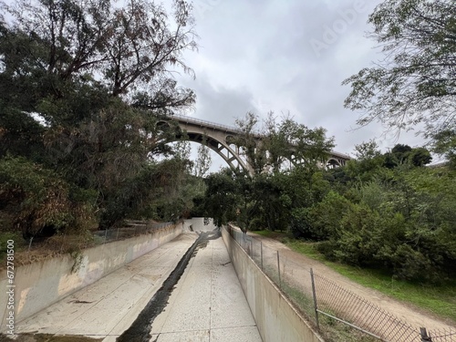 Wide view, Colorado Street Bridge over the Arroyo Seco river, Pasadena, in southern California, on an overcast day photo