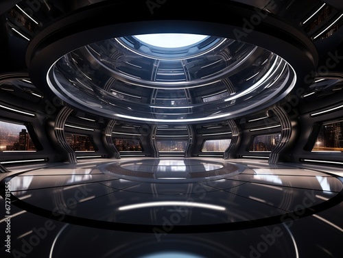 seamless panorama 360 angle view of dark modern futuristic building interior hdri style VR content 3d render © Nipon