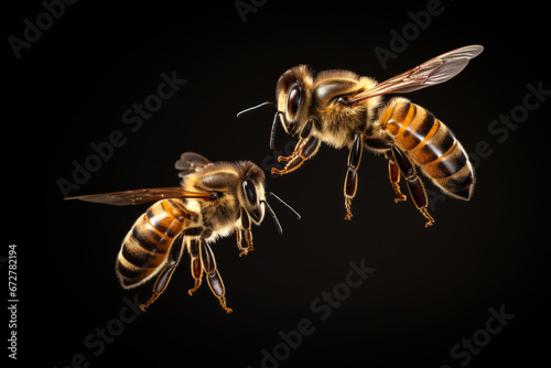 Two bees in flight isolated on black background, close up view.generative ai
 photo