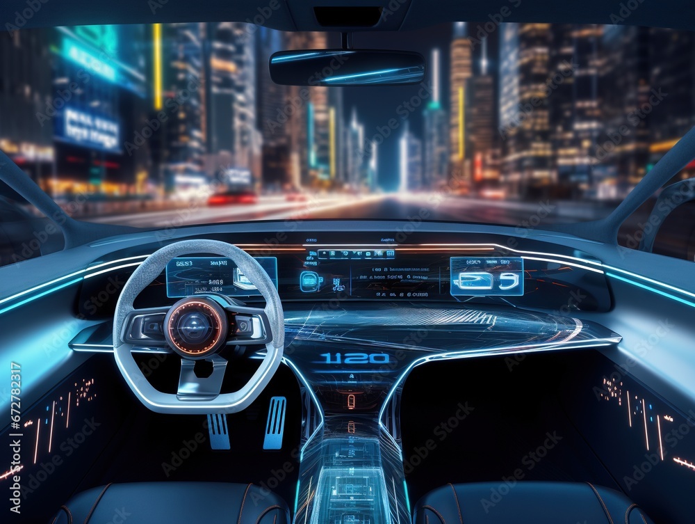 Driverless car interior with futuristic dashboard for autonomous control system