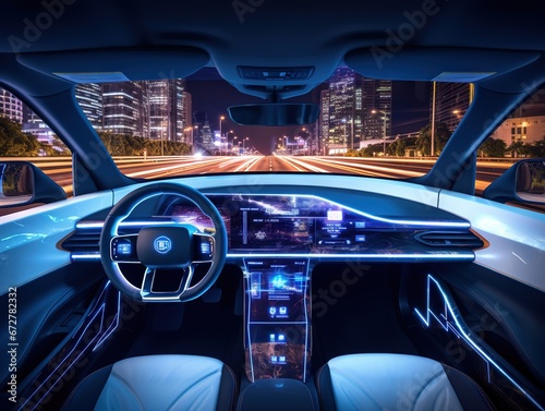 Driverless car interior with futuristic dashboard for autonomous control system © Nipon