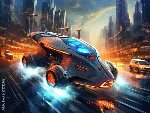 Flying car traffic in the futuristic