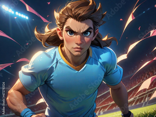 Anime athlete football player on the field close-up. sports, running