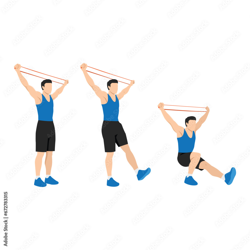 Man doing overhead pistol squat exercise with resistance band. Flat vector illustration isolated on white background