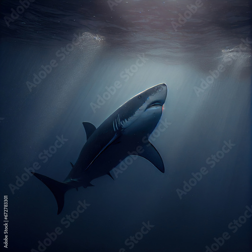 Great White on deep blue ocean background, Generative Ai photo